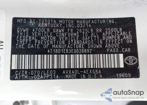 2014 Toyota Avalon Hybrid Xle Premium из США, поврежденный, VIN 4T1BD1EB3EU026892